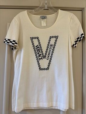 Versace White Tee with Black Checkerboard V Graphic